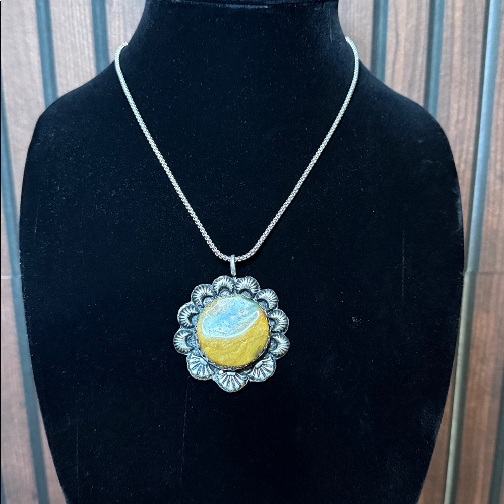 Silver Tone Statement Pendant Necklace | Yellow & Blue Stone | Floral Frame